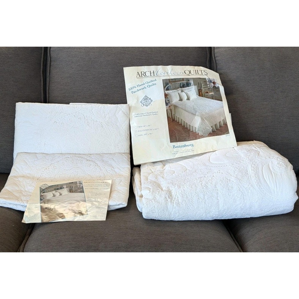 Vtg ARCH Heirloom Patchwork Hand Quilted White Battenberg Sham Lace Full Queen